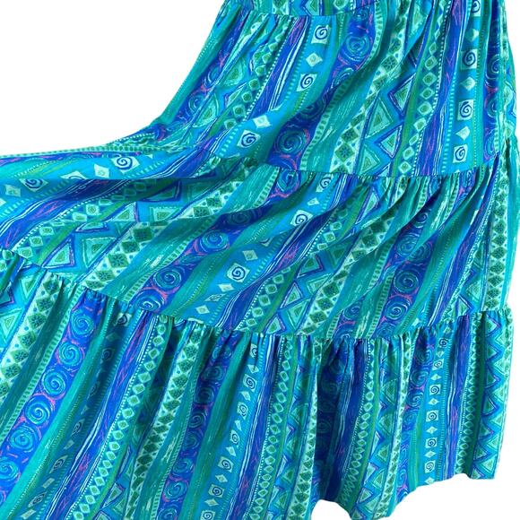 Vtg 80s 90s Two Potato Blue Artsy Midi Tiered Tie Shoulder Dress M Resort Wear - Picture 8 of 16